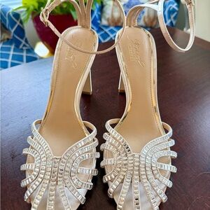 Badgley Mischka Silver Crystal Cage Heels, sz 9, NWOT